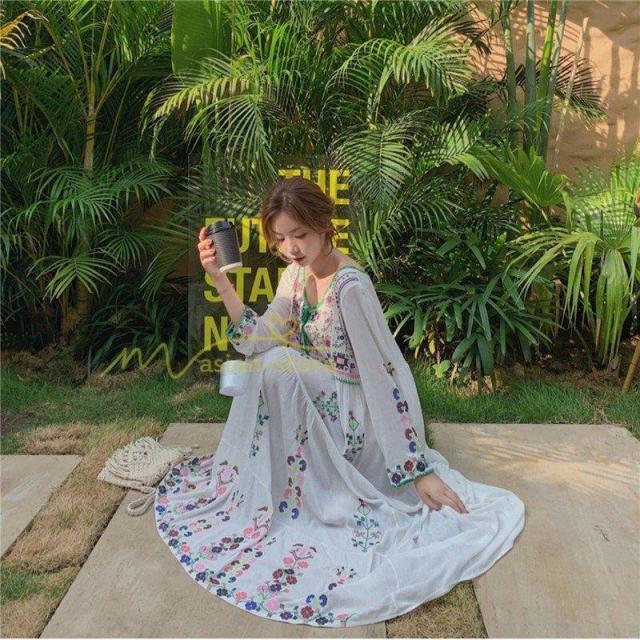 ワンピース リゾートワンピ レディース ボヘミア風 休暇 長袖 無地