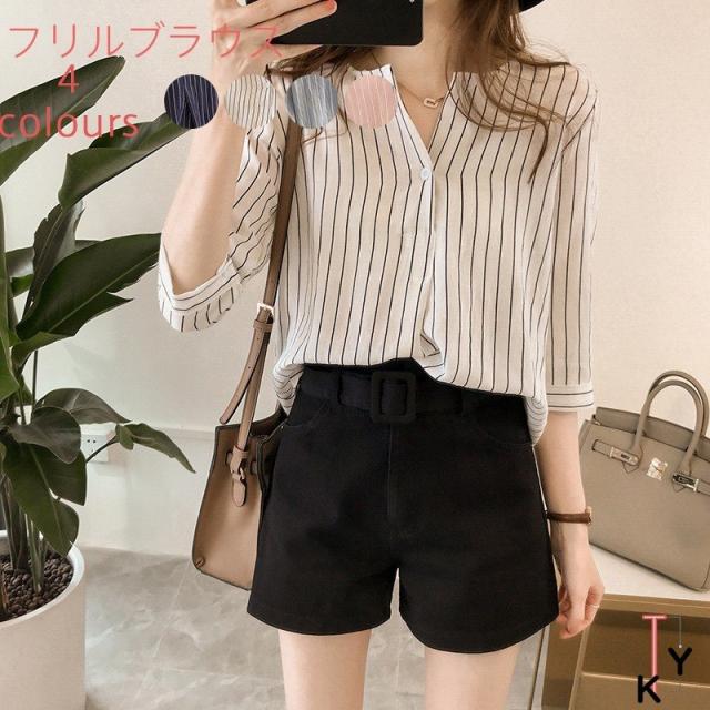 フリルブラウス レディース ブラウス シャツ トップス おしゃれ きれいめブラウス 七分袖 チェック 体型カバー　20代30代