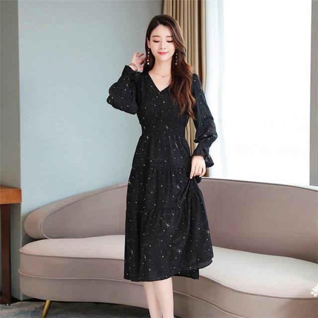 ワンピース レディース キレイめ ミモレ丈 膝丈 秋冬 長袖ワンピース V