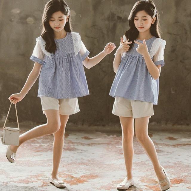 セットアップ 夏 韓国子供服 女の子 キッズ ジュニア 上下セット 半袖 トップス パンツ 2点セット ストライプ柄 通学着 通園 120 130 140 150 160 165cm