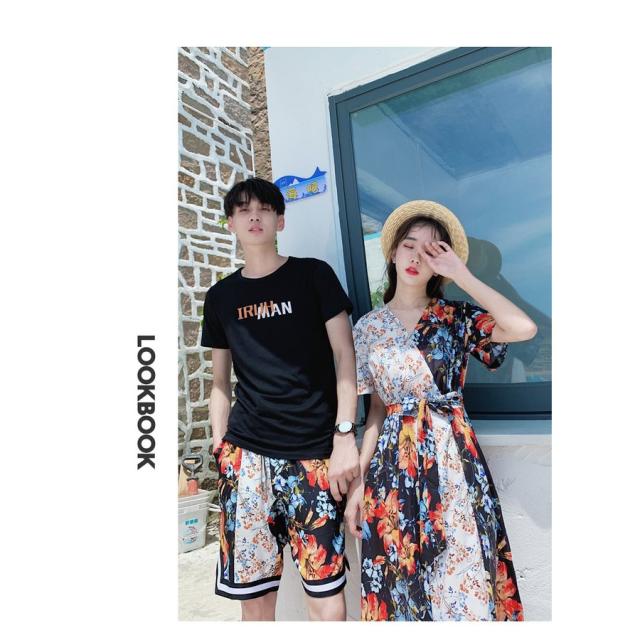 カップル ペアtシャツ 半袖 ペアルック お揃い 服 夏 花柄 パンツ 韓国