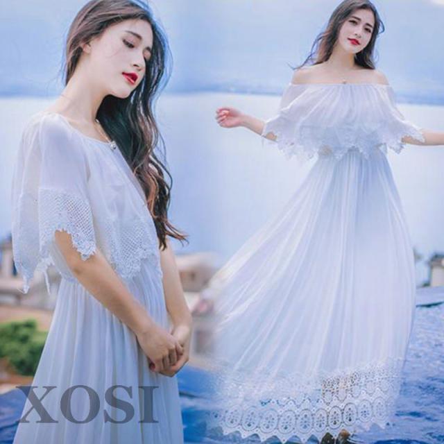 マキシワンピ レディース 白ワンピース マキシ丈 ロング丈 ベアトップ マキシ ハイウエスト 着痩せ感UP 旅行 可愛い ハネムーン ハイウエスト