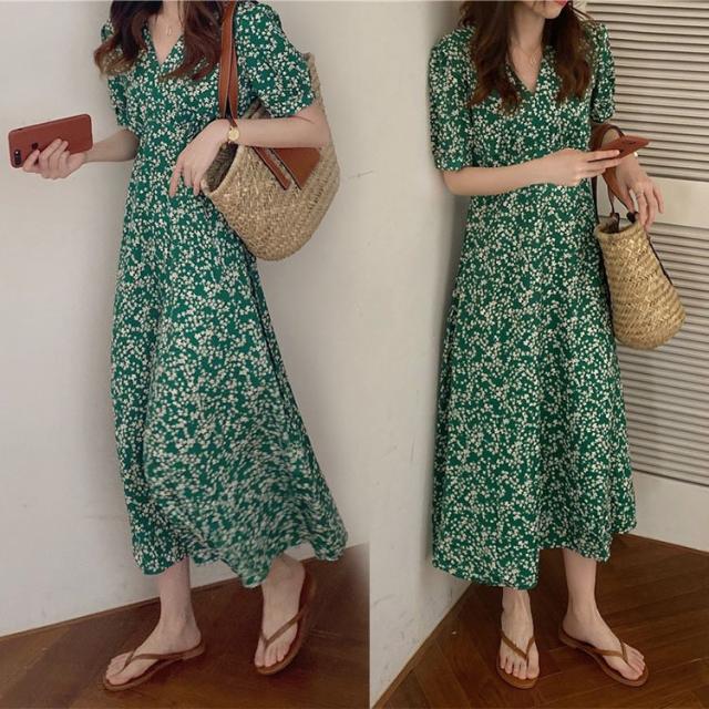 ワンピース レディース ワンピース キレイめ 膝丈ワンピース 夏 半袖 シフォンワンピ 花柄 ロング丈ワンピ オシャレ Vネックワンピース 着痩せの通販は