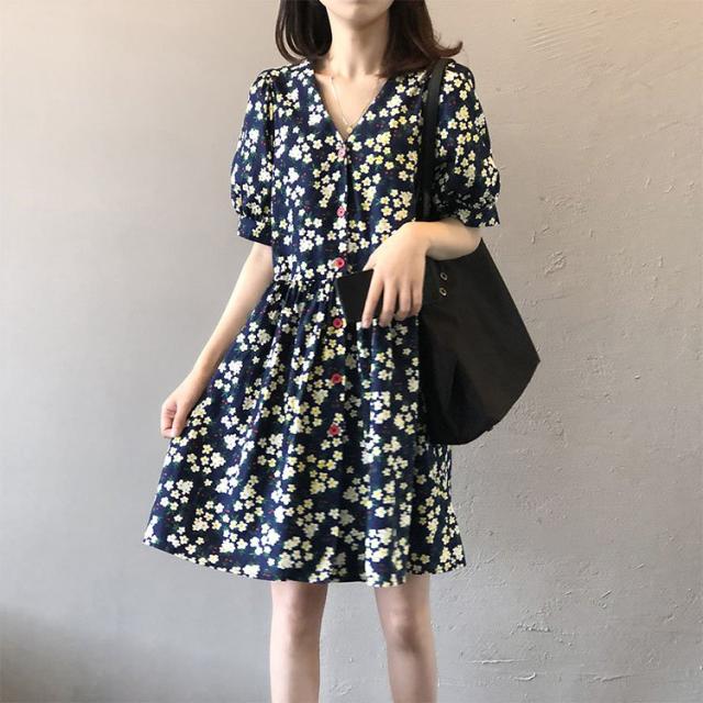 ワンピース レディース ワンピース キレイめ 膝丈ワンピース 夏 Vネック シフォンワンピ 花柄 フリル ロング丈ワンピ オシャレ 着痩せ マキシワンピース