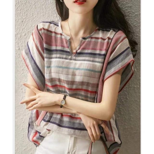 ブラウス レディース 40代 春夏 オシャレブラウス 綿麻 リネンブラウス ボーダー柄 半袖トップス フレンチスリーブブラウス 大人 通勤OL ゆったりシャツ 30代 ブラウス レディース 40代 春夏 オシャレブラウス 綿麻 リネンブラウス