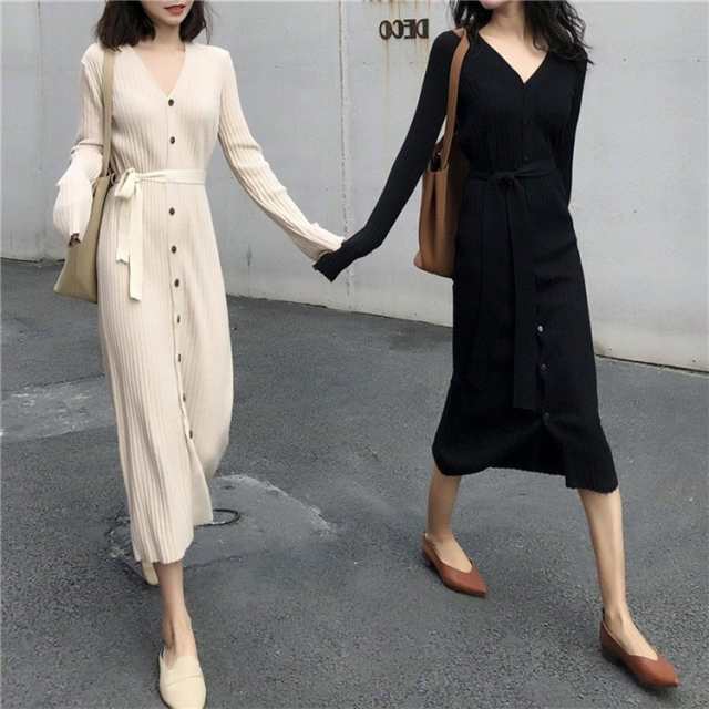 レディース ニットワンピース ドレス ベルト付き  メリヤス  スカート セーター 長袖  ルロング丈  秋冬 ワンピース 無地 韓国風 着痩せ  通勤  新作の通販は