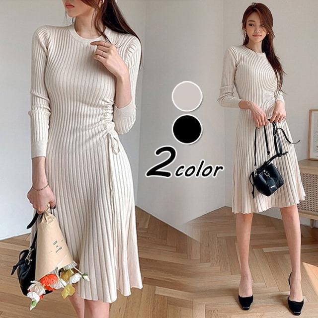 ニットワンピース レディース 40代 秋冬 長袖ワンピース リボンニット 黒 膝丈 プリーツスカート リボン ロングセーター オシャレ 韓国風 大人 体型カバー