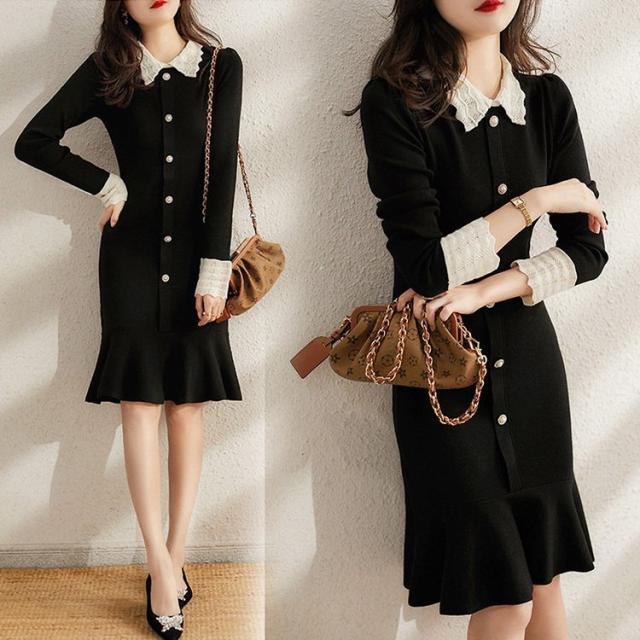 ニットワンピース レディース 40代 秋冬 長袖ワンピース ステンカラー 黒ワンピ ニット フレア裾タイトスカート パール ニットインナー オシャレ 大人 上品