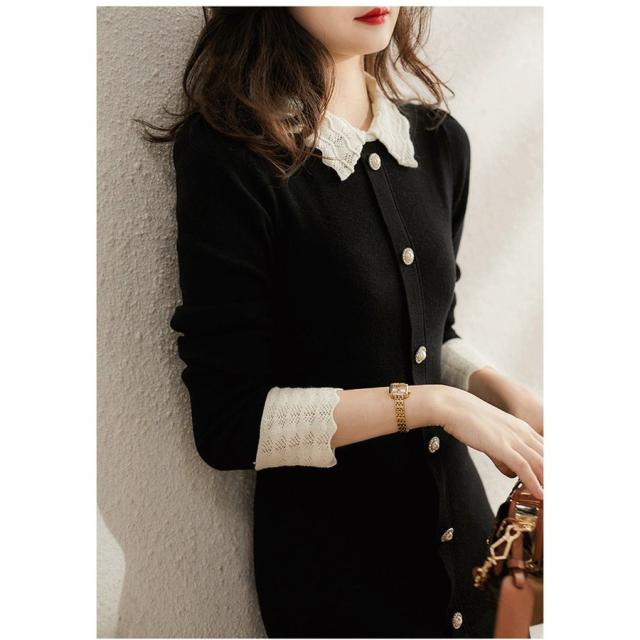 ニットワンピース レディース 40代 秋冬 長袖ワンピース ステンカラー 黒ワンピ ニット フレア裾タイトスカート パール ニットインナー オシャレ 大人 上品 ニットワンピース レディース 40代 秋冬 長袖ワンピース ステンカラー