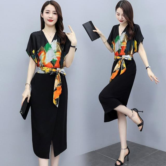 ワンピース レディース 40代 きれいめ膝丈ワンピース 春夏 半袖ワンピース プリント切り替えシフォンタイトスカート 黒 オシャレ大きいサイズ 大人上品 30代の通販は 7,990円