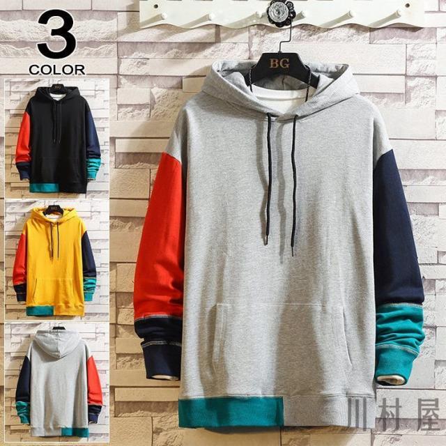 パーカー メンズ 薄手 長袖 Tシャツ スポーツ プルオーバー メンズパーカー カラー配色 おしゃれ 秋冬 2021