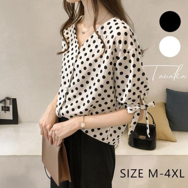ブラウス レディース 黒 白 春夏 新作 Vネック 韓国風 ブラウス ドット柄 白 シフォン シャツ 半袖 ブラウス 可愛い 大人 通勤 ゆったり おしゃれ 30代 40代