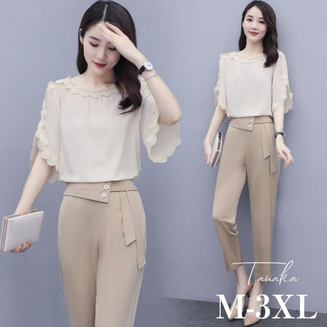 セットアップ レディース 春 夏 秋 おしゃれ セットアップ 半袖ブラウス 九分丈パンツ シフォン上下セット カジュアル 韓国風 通勤OL ベージュ 大きいサイズ