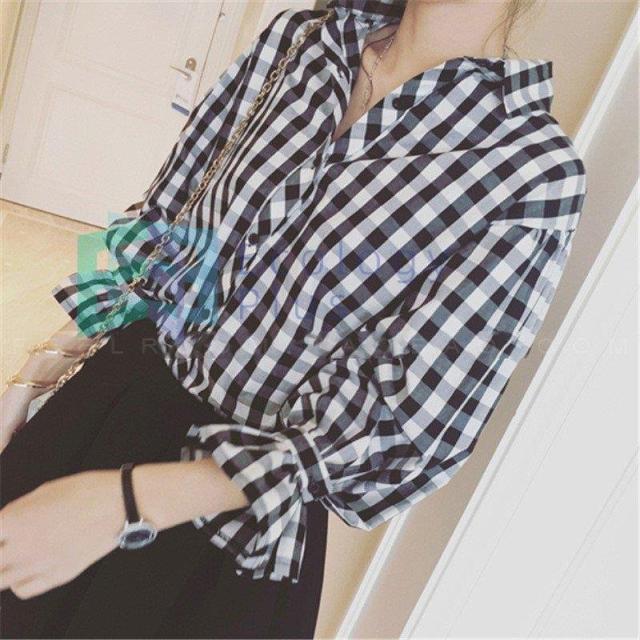 ブラウス シャツ レディース 春夏 長袖ブラウス チェック柄 スピーカースリーブブラウス シャツ オシャレフォーマル ブラウス トップス ゆったり 通勤 OL