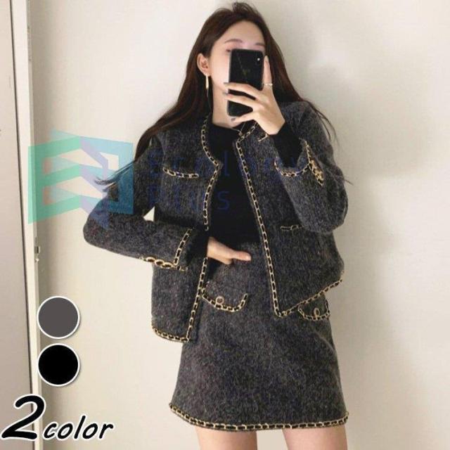 セットアップ レディース 40代 秋冬 長袖ノーカラーコート+タイトスカート ツイード セットアップ オシャレ韓国風 着痩せ 上品 入学式 卒業式 結婚式の通販は