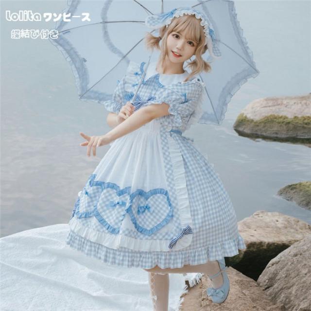 Lolitaワンピース レディース セットアップ 2セット トップス 少女 お姫様 フリル襟 レース 蝶結び付き エプロン 膝丈 ロリータ風