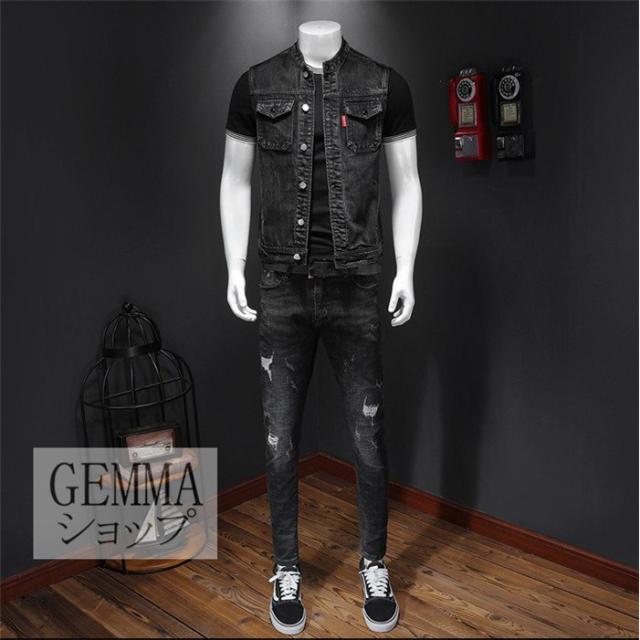 デニムベスト メンズ Gジャン ボタン ビンテージ加工 デニム