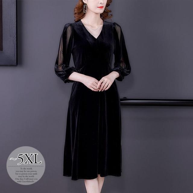 ワンピース パフスリーブ 7分袖 Vネック 透け感 Aライン ウエストシェイプ 膝丈 ブラック 無地 クラシカル 細見え 大人可愛い ママ