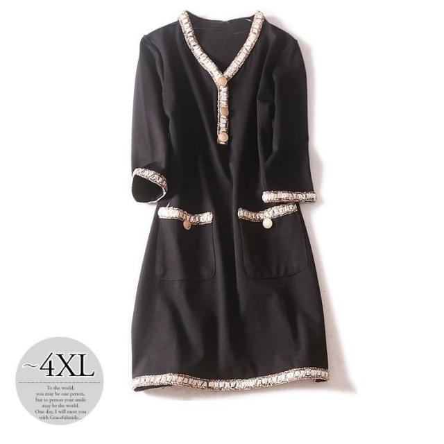 ワンピース Vネック Aライン ブラック ポケット 金ボタン オフィスカジュアル 大人可愛い クール ガーリー 母親 お出かけファッション デート 美人/