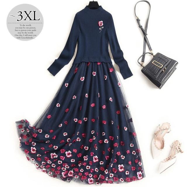 ワンピース ドッキングワンピ 花柄 長袖 シフォン ニット ワンポイント ロマンティック 甘め ガーリー ストリート クール きれいめ 食事会 可愛い