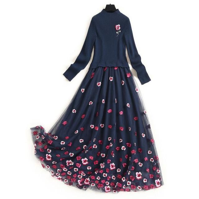 ワンピース ドッキングワンピ 花柄 長袖 シフォン ニット ワンポイント ロマンティック 甘め ガーリー ストリート クール きれいめ 食事会 可愛い ワンピース ドッキングワンピ 花柄 長袖 シフォン ニット ワンポイント