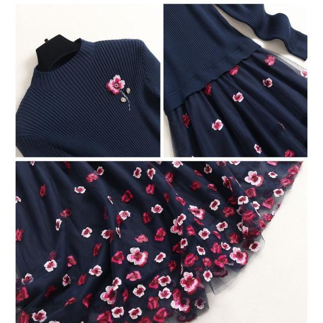 ワンピース ドッキングワンピ 花柄 長袖 シフォン ニット ワンポイント