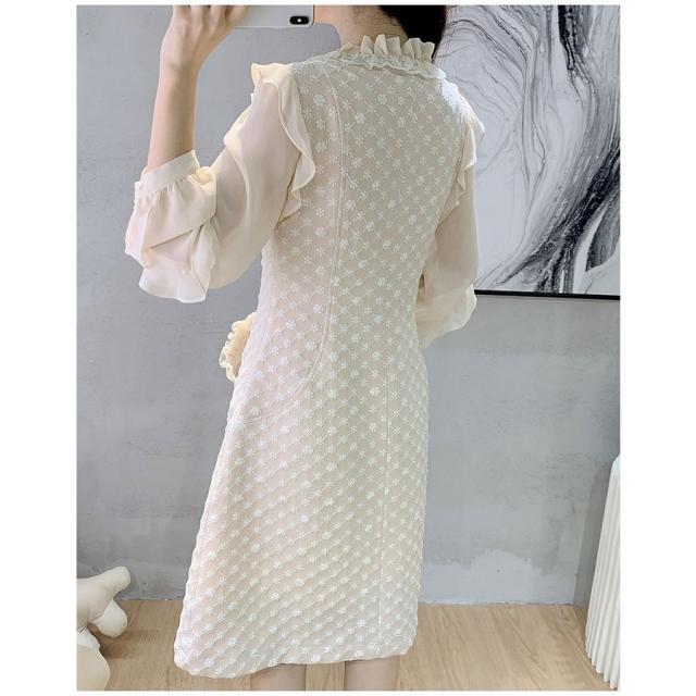 ワンピース パフスリーブ 長袖 首元フリル Aライン 膝丈 胸元リボン