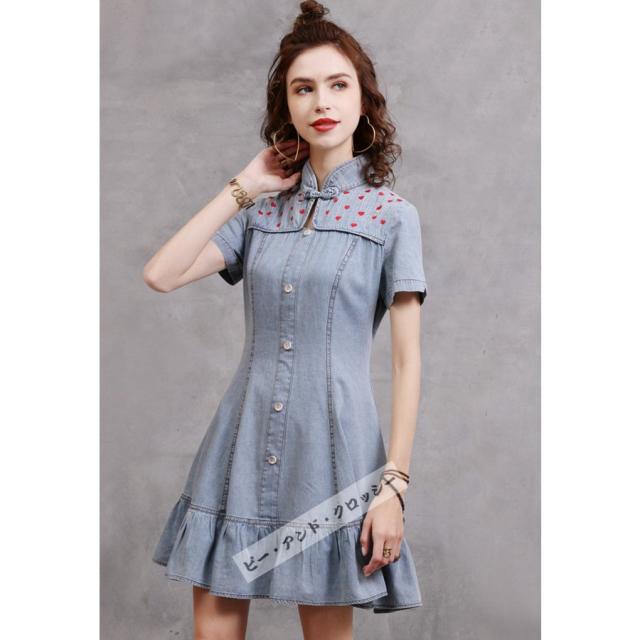 デニムワンピース レディース ミニワンピース 半袖 ゆったり ショット オシャレ デニムワンピース 着痩せ 大きいサイズ 通勤 通学 カジュアル ママ服 キレイめ