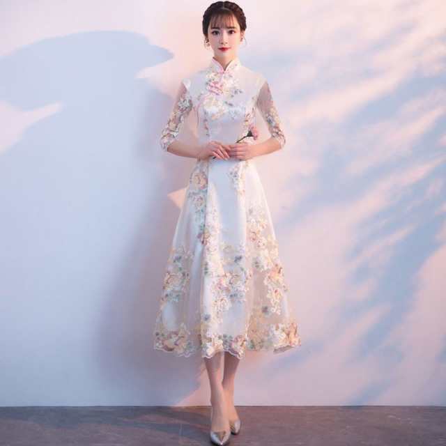 チャイナ風ワンピース チャイナドレス 中国風 刺繍 レース マキシ丈