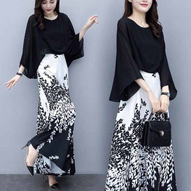 セットアップ レデイース 春秋黒 シフォン七分丈 レディース ワイドパンツ 着痩せコーデ パンツドレス おしゃれ ゆったり 通勤 入園式 卒業式 二次会 30代 40代