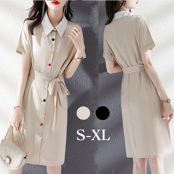 ワンピース レディース シャツワンピース 夏 半袖 きれいめ 膝丈 ポロネック 無地 シンプル オフィス 通勤 OL 30代 40代 着痩せ おしゃれ 結婚式 Aライン 2021