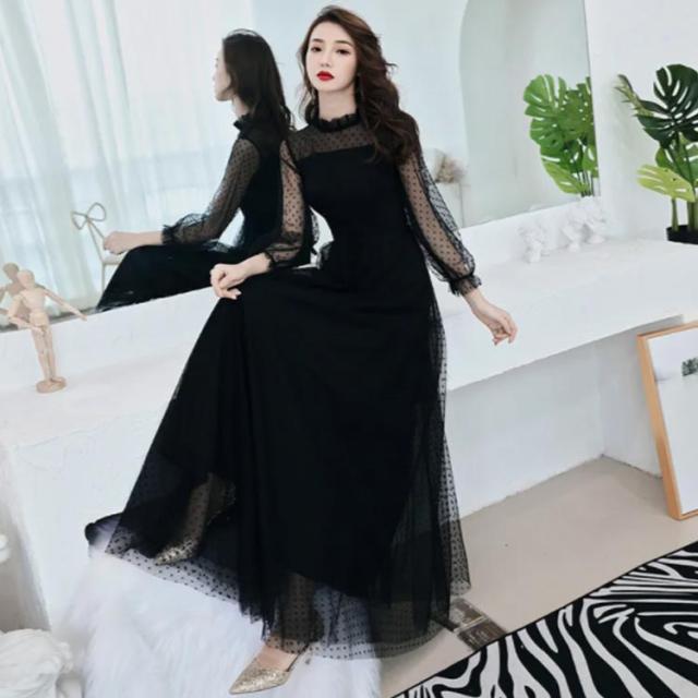 【ary】 新品未使用　フリル付きシースルー長袖ブラックパーティードレス シースルー 長袖 お呼ばれ 結婚式 ブラック フォーマル