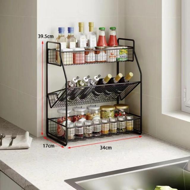 アイアンスタンドラック スパイスラック シェルフ 調味料スタンド キッチンシェルフ 鉄 収納棚 レトロ調 ◆V_S Kitchen◆CV 3層 アイアン キッチンスパイス収納ラック 45度省スペース スパイス