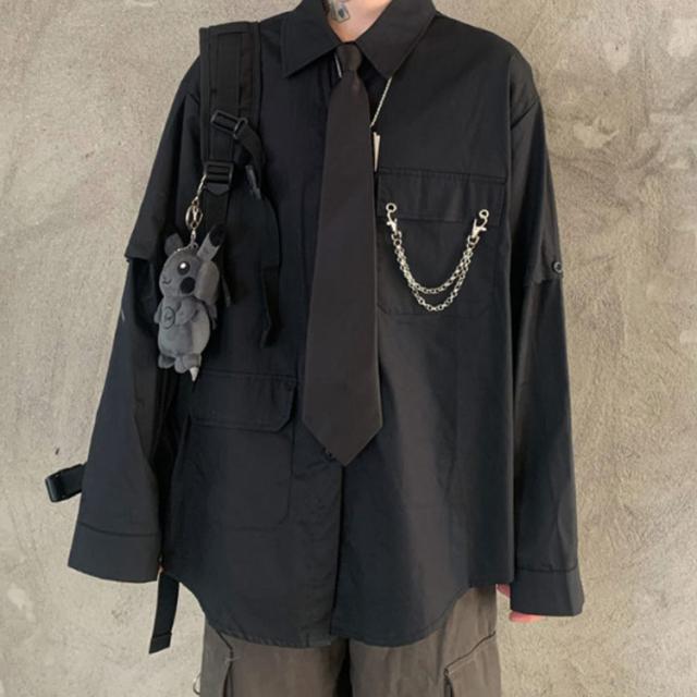 シャツ 長袖 メンズ レディース カジュアルシャツ ブラウス 袖 取り外し可能 チェーン ネクタイ付き 袖ボタン ロング丈 シャツ オーバーサイズ ビ シャツ 長袖 メンズ レディース カジュアルシャツ ブラウス 袖