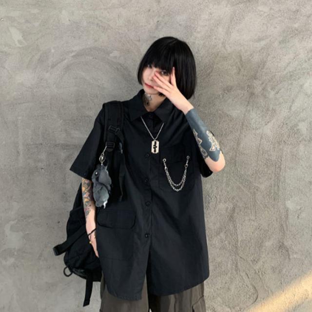 チェーン&ネクタイ付き ハンサムシャツ 長袖 ゆったり ２色 ゆったり 長袖シャツ ネクタイ付き 長袖 九分袖 メンズ