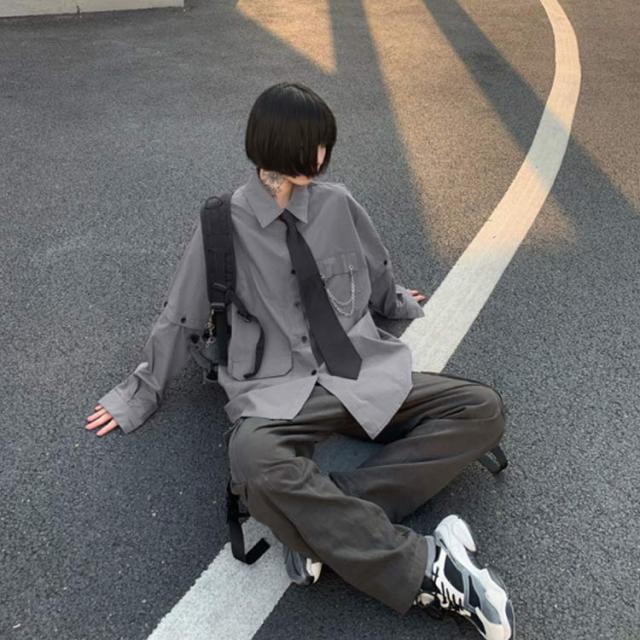 チェーン付き カジュアルシャツ レディース ネクタイ付き 大きい