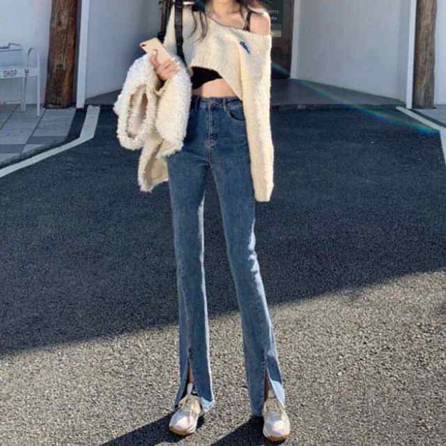 レディース 大きいサイズ ストレート 裾スリット フレアパンツ ハイ