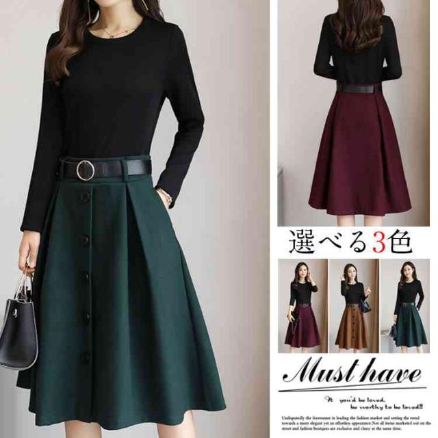 ワンピース 膝丈 長袖 秋ワンピース レディース ドッキングワンピース 膝下 Aラインワンピース ベルト付き 着痩せ ワンピ 30代40代 ファの通販はau Pay マーケット Rbm Shop