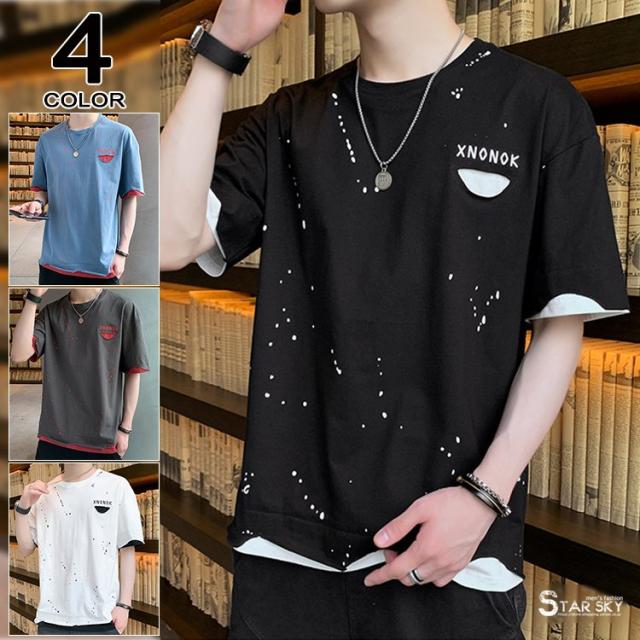 Tシャツ メンズ 半袖 五分袖tシャツ 重ね着風 クルーネック カットソー ティーシャツ 配いろ 大きいサイズの通販はau Pay マーケット Oneleaf