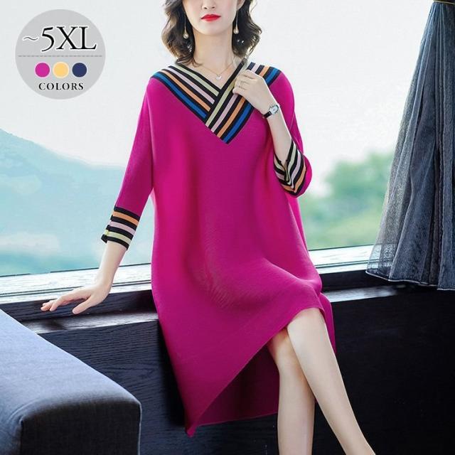 ワンピース 7分袖 Vネック Aライン ストライプ ゆったり 膝丈 袖デザイン ヨーロピアン ポップ 食事会 ガーリー 母親 女子会 女子旅 大人可愛いの通販は 4,759円