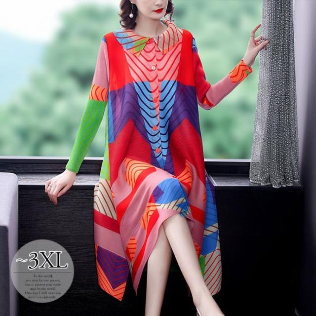 ワンピース 襟付き 抽象柄 長袖 総柄 Aライン フロントボタン ロングワンピース カラフル ヨーロピアン ポップ お出かけ フェミニン ストリートの通販は