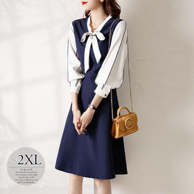 ワンピース Vネック ボウタイ Aライン 重ね着デザイン クラシカル 休日スタイル 休日 フェミニン お出かけファッション 母親 美人 可愛い 女子旅