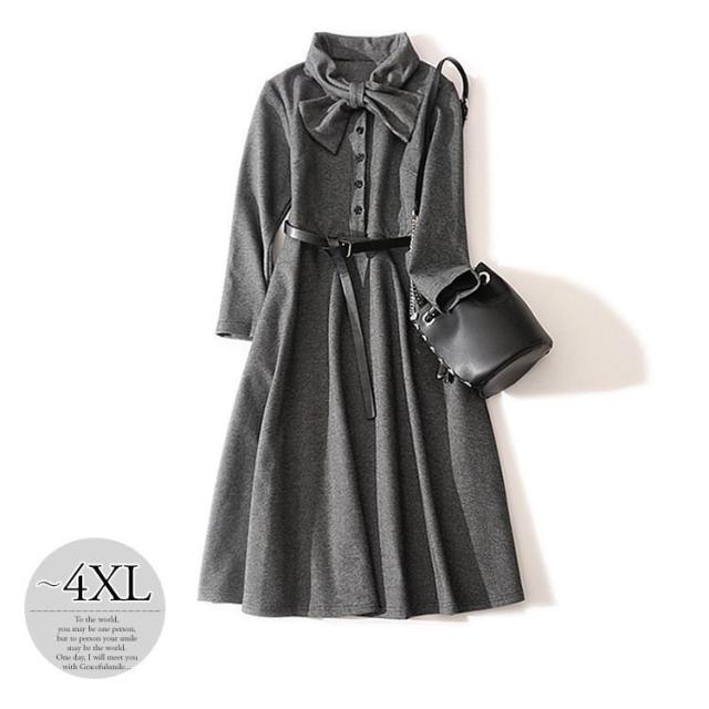 ワンピース ボウタイ ウエストマーク 大きいサイズ ボタン デート フェミニン ママ 女子旅 女子会 食事会 美人 お出かけファッション 休日スタイル