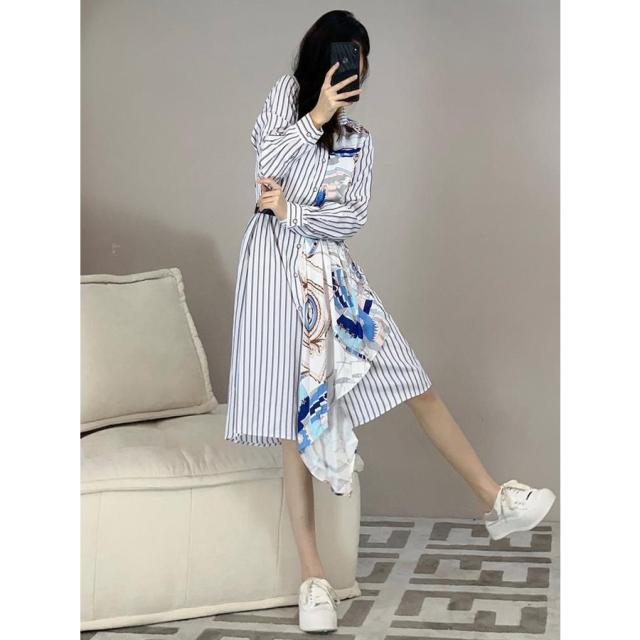 ワンピース シャツワンピース ストライプ柄 プリント柄 襟付き 長袖