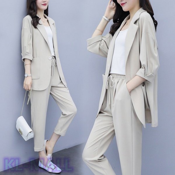 スーツレディース２点セットトップス+ズボンVネックス 七分袖春夏九分丈 パンツフォーマルセットアップ大きいサイズカジュアル 体型カバー