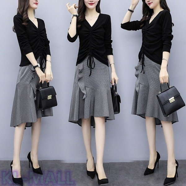 セットアップレディーススカート春秋冬40代 大きいサイズニットセータータートルネック 長袖ウール混スカートaラインスカートお 洒落上品の通販は