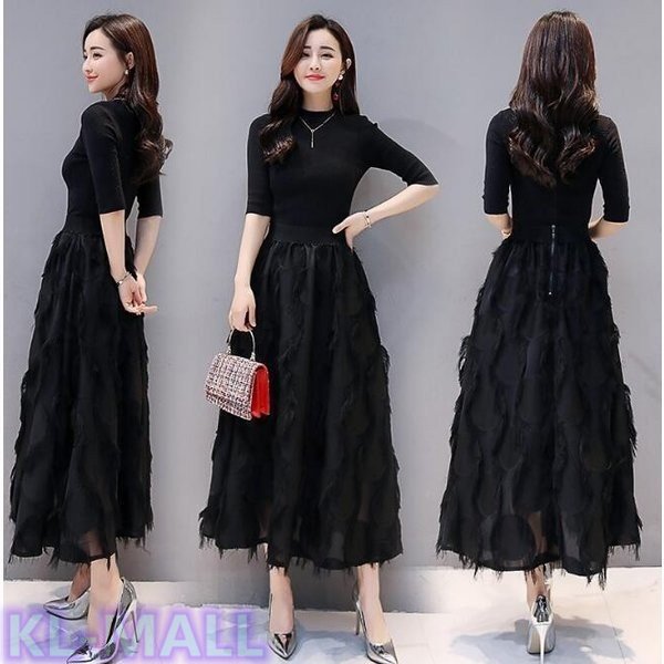 五分袖トップスロングスカートチュールお洒落2点セット 細身着痩せ結婚式通勤春 20代 30代 40代 50代