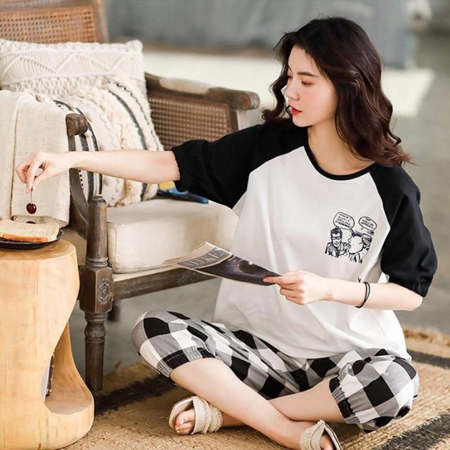 パジャマ ルームウェア レディース 春 夏 半袖 パジャマ 綿 ルームウェア チェック柄 上下セット 可愛い 韓国風 オシャレ 女性 部屋着 寝巻き ゆったりの通販は