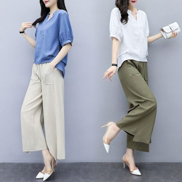 セットアップ レディース 春夏 オシャレセットアップ 半袖ブラウス Vネック九分丈ワイドパンツ リネン カジュアル 韓国風 通勤 40代 大きいサイズセットの通販は