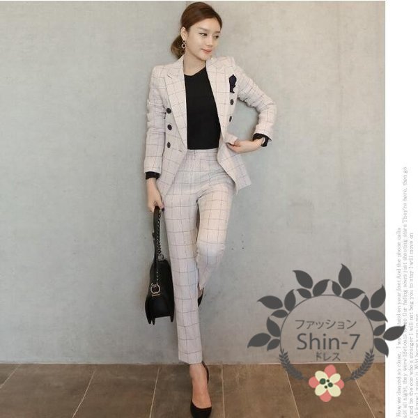 レディーススーツセット　20代30代40代　パンツセット　チェック柄　レディースファッション パーティー カジュアル 入学式 卒業式 細身夏春の通販は 6,610円